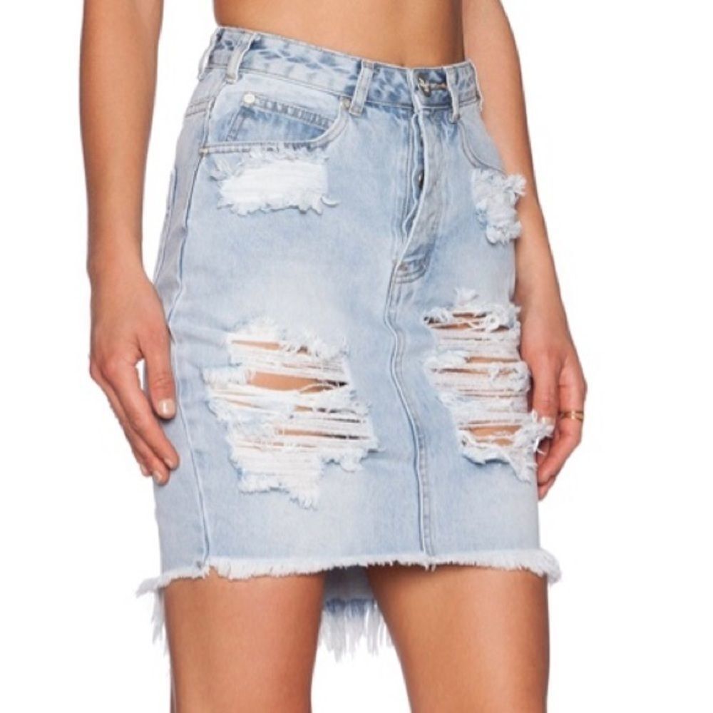 ONE TEASPOON High Waisted Mini Knee Length Denim Jean Skirt Destroyed Blue 25